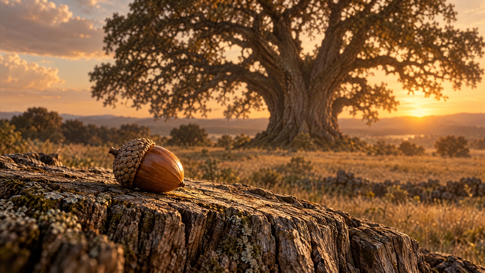 A single acorn in warm afternoon light, an ancient oak spreading in the distance.